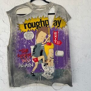 Vtg Y2K Beavis Butt Head Rough Play Graphic T Shirt Cut Off Sleeve Distressed M
